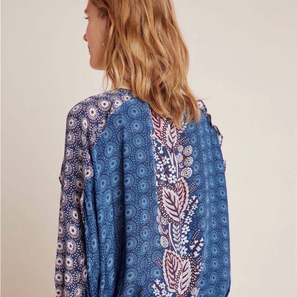 Anthropologie Maeve Letizia Ruffled Blouse Blue Motif - Picture 2 of 7